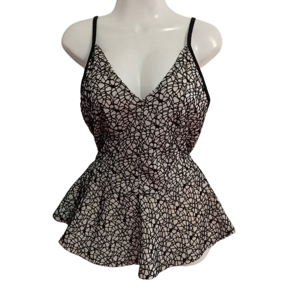 Peplum Black and White Patterned Camisole Top with Bow detail on back